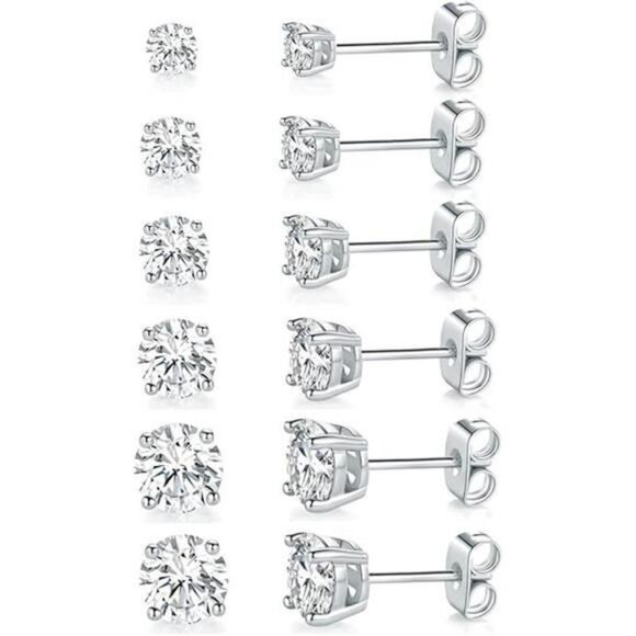 6 Pair CZ Stud Earrings Set 18K White Gold Plated Round Clear for Men Women - Picture 7 of 7